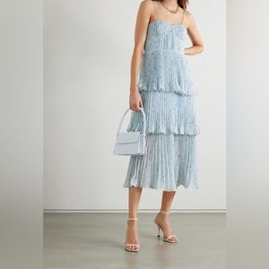 Self Portrait Blue Tiered Floral Metallic Dress Sz 6